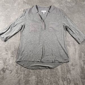 Calvin Klein Women's Gray 3/4 Sleeve Zip Front Blouse‎ Size Medium V-Neck Pocket